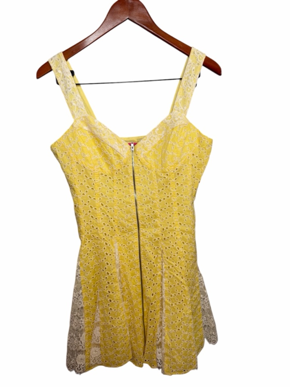 Betsey Johnson Yellow Eyelet Mini Dress Zip Front 8 - Picture 2 of 10